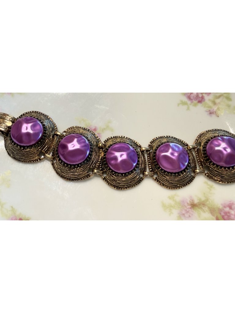 Vintage 60's Puple Lucite Pearl Brass Chunky Statement Link Bracelet